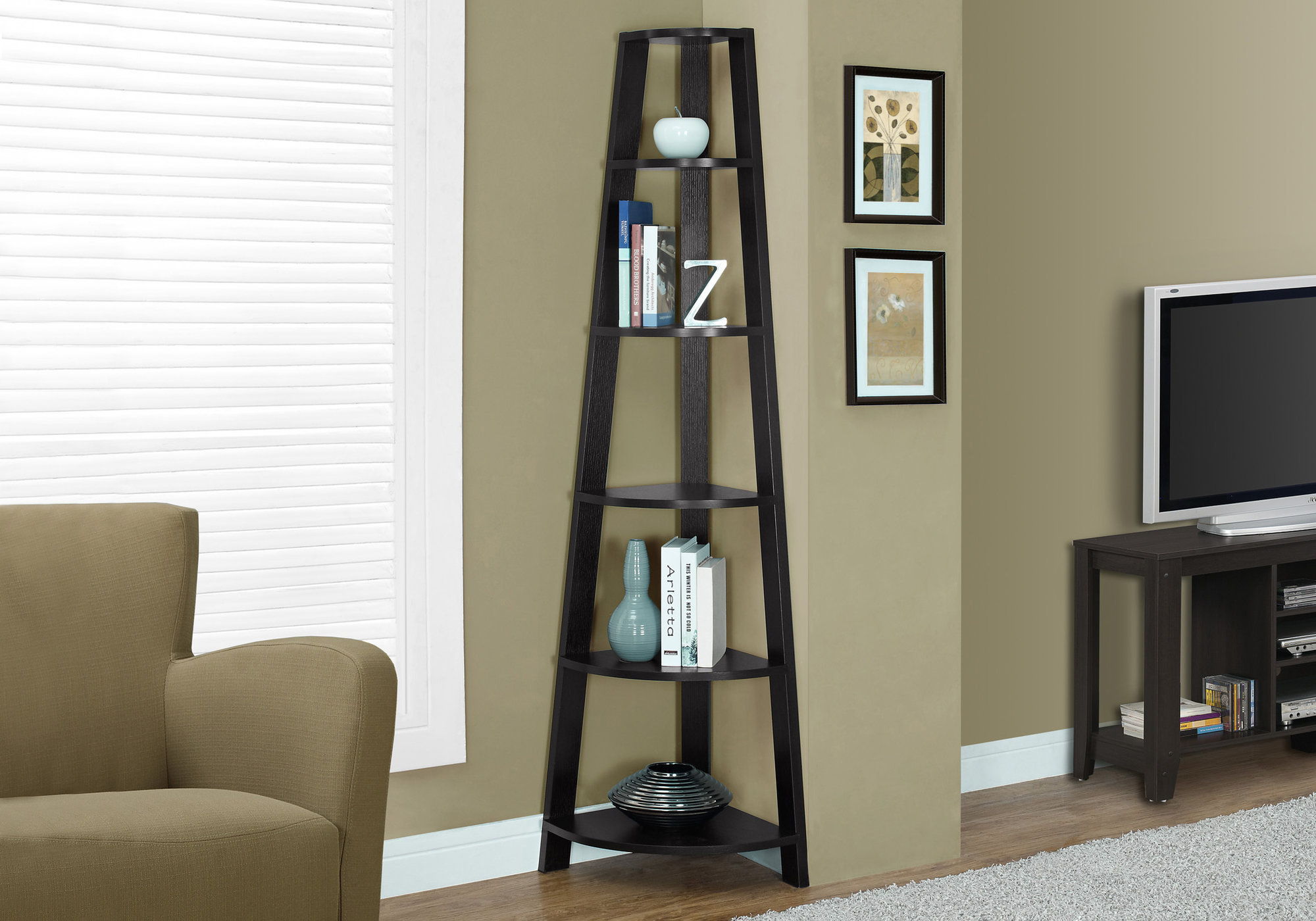 5 Tier Bookshelf, Bookcase, Etagere, Corner, For Office, Contemporary & Modern