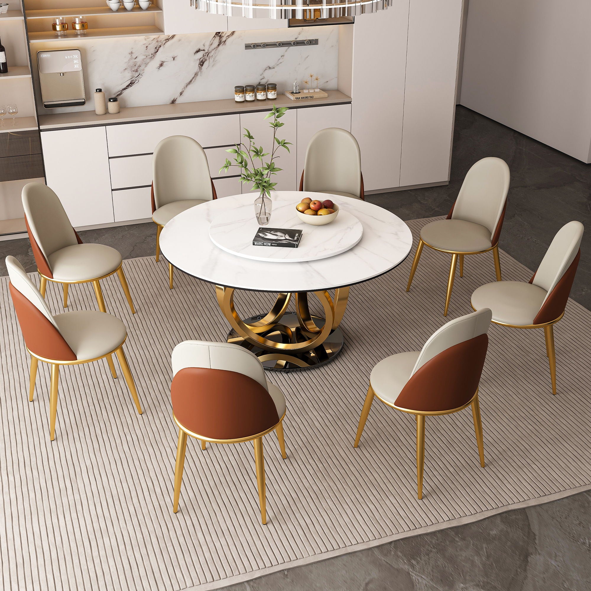 Round Dining Table With 360° Smooth Lazy Susan For Dining Room - Gold / Black / White