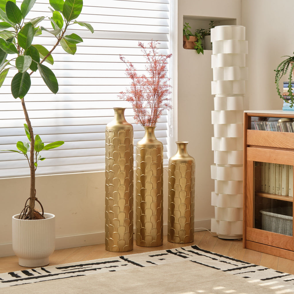Floor Metal Vases Decorated White Metal Vases (Set of 3) Gorgeous Home Decoration Large Glazed Metal Vases - Golden