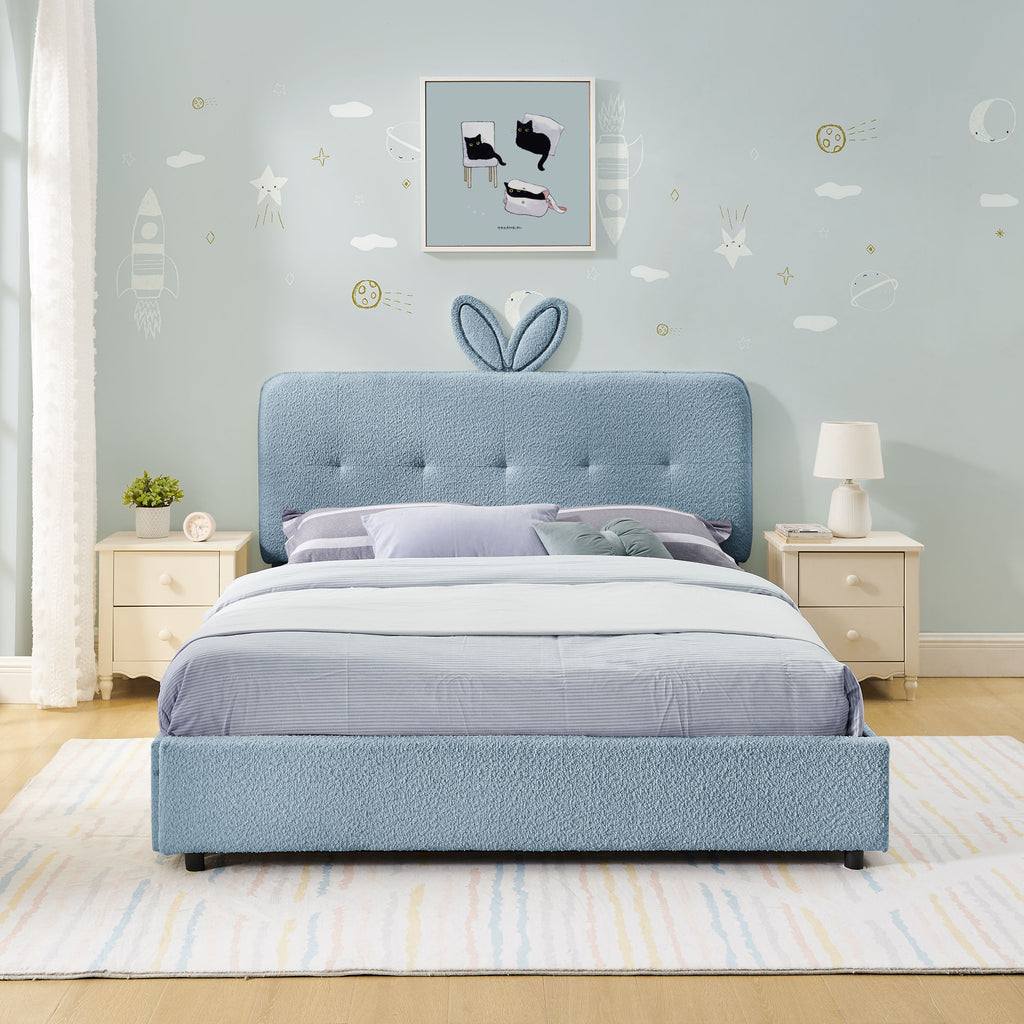 Upholstered Bed With Oversized Rabbit Ear Headboard, LED Lights & 4 Storage Drawers