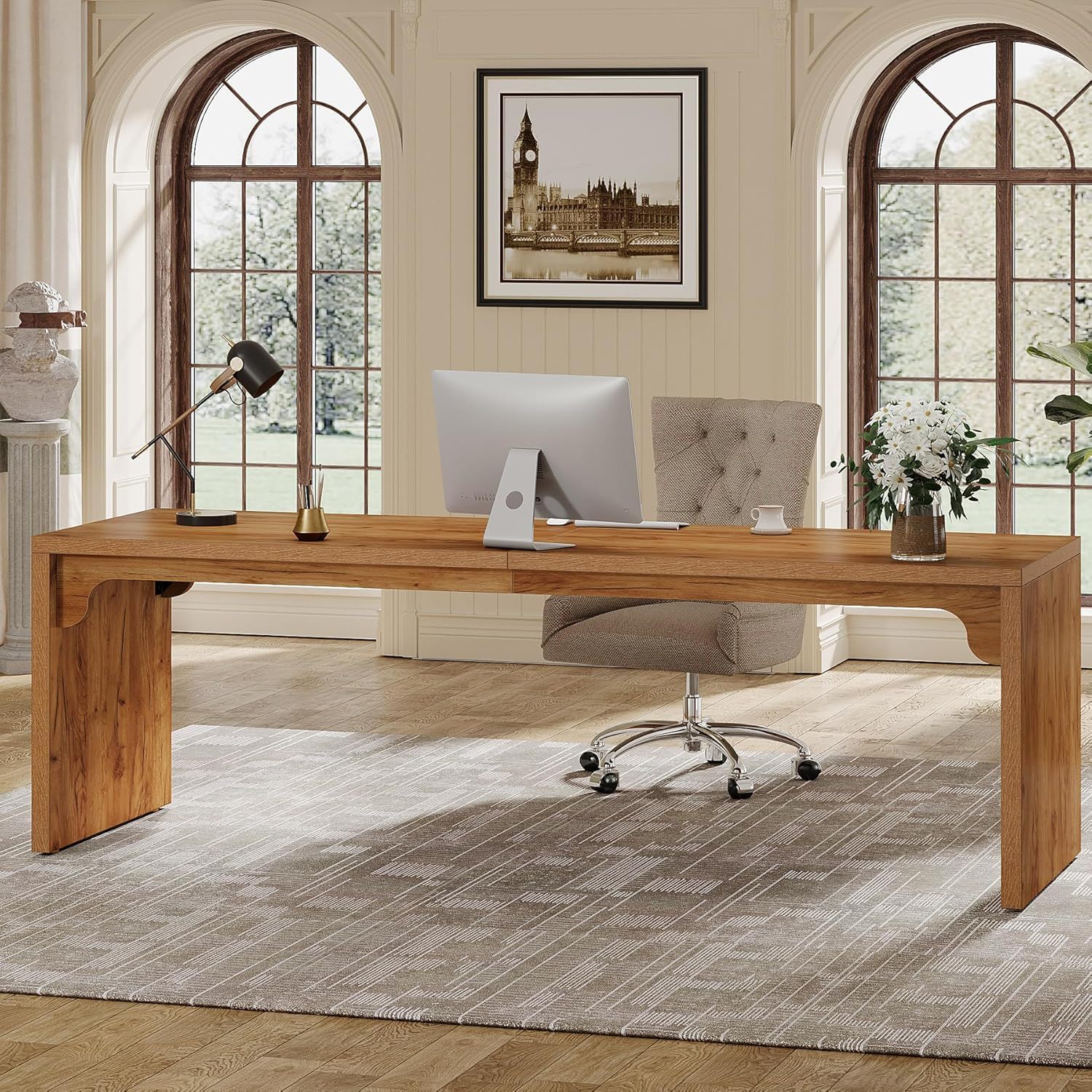 Extra Long 2 Person Computer Desk, Large Workstation - Brown