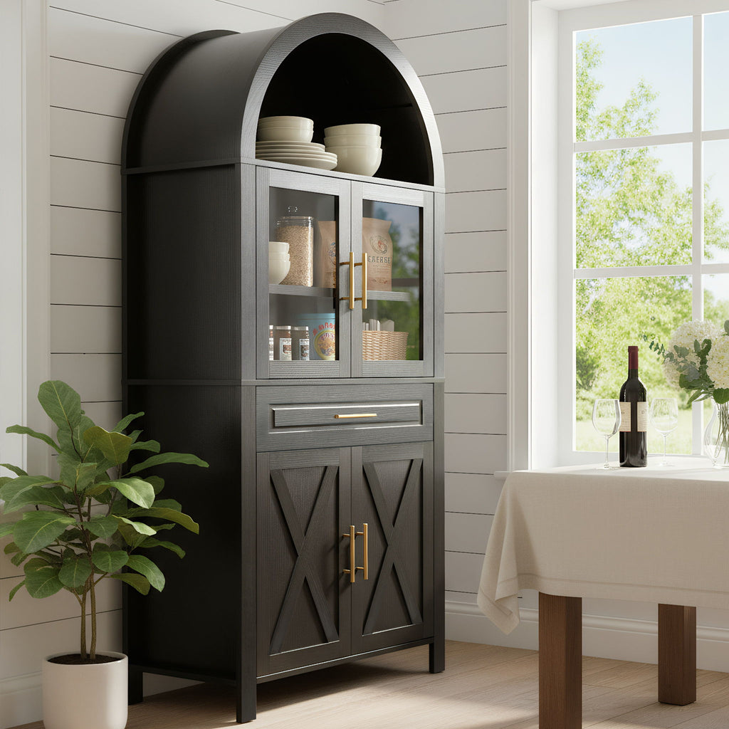 Arched Kitchen Pantry Cabinet With Adjustable Shelves & Barn Door Design