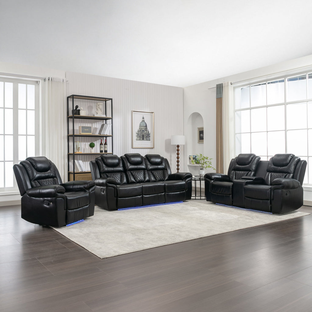 3 Pieces Recliner Sofa Sets Home Theater Seating Manual Recliner Chair With Center Console And LED Light Strip For Living Room