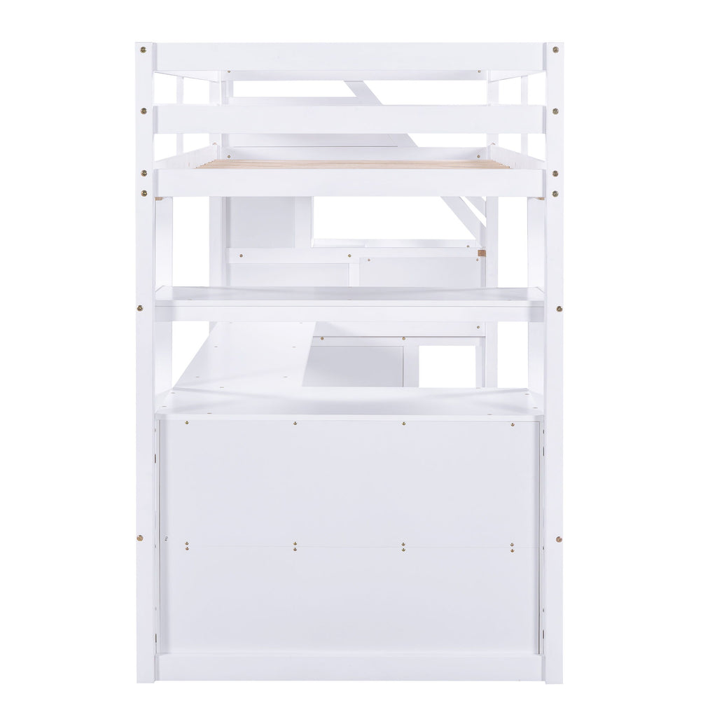 Loft Bed With Desk, Shelves, 2 Drawers, Storage Staircase