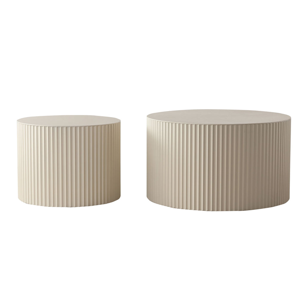 Drum Nesting Coffee Table With Wave Stripe Design For Living Room (Set of 2) - Beige / White