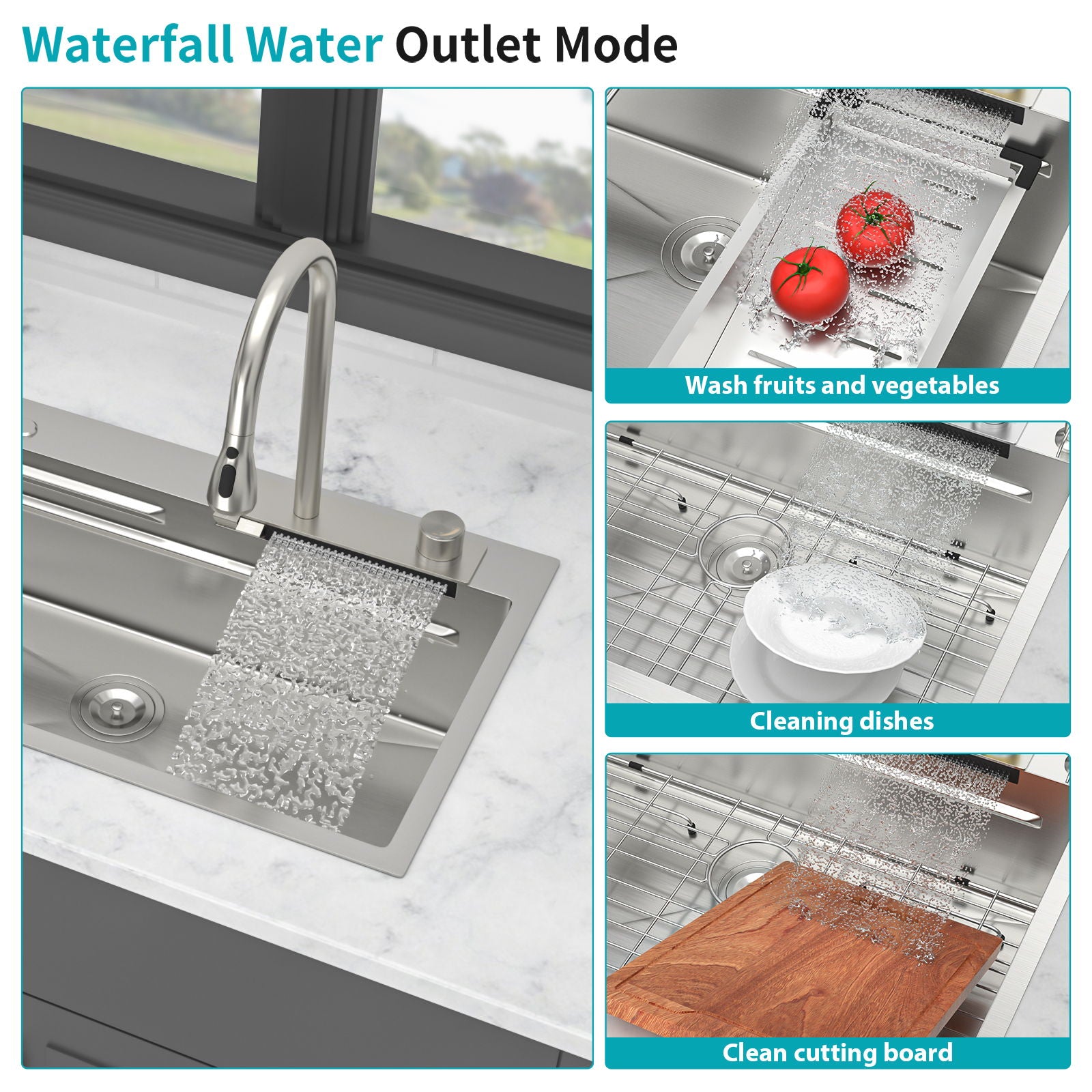 33" Stainless Steel Single Bowl Kitchen Sink With Waterfall Flow