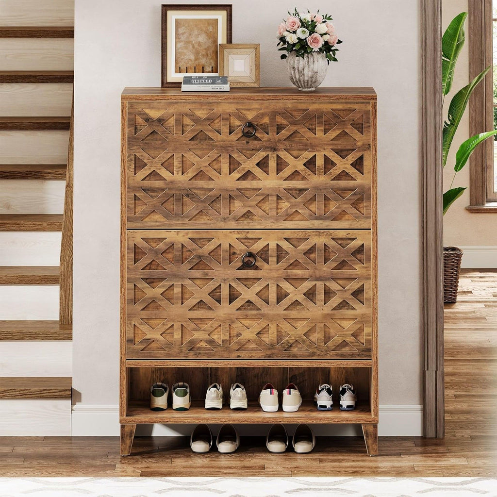Narrow Shoe Cabinet With 2 Flip Drawers For Entryway Organizer - Rustic Brown