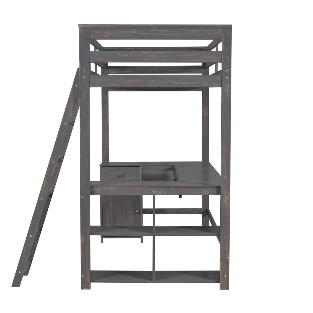 Loft Bed With U-Shaped Desk, Drawers, And Storage Shelves