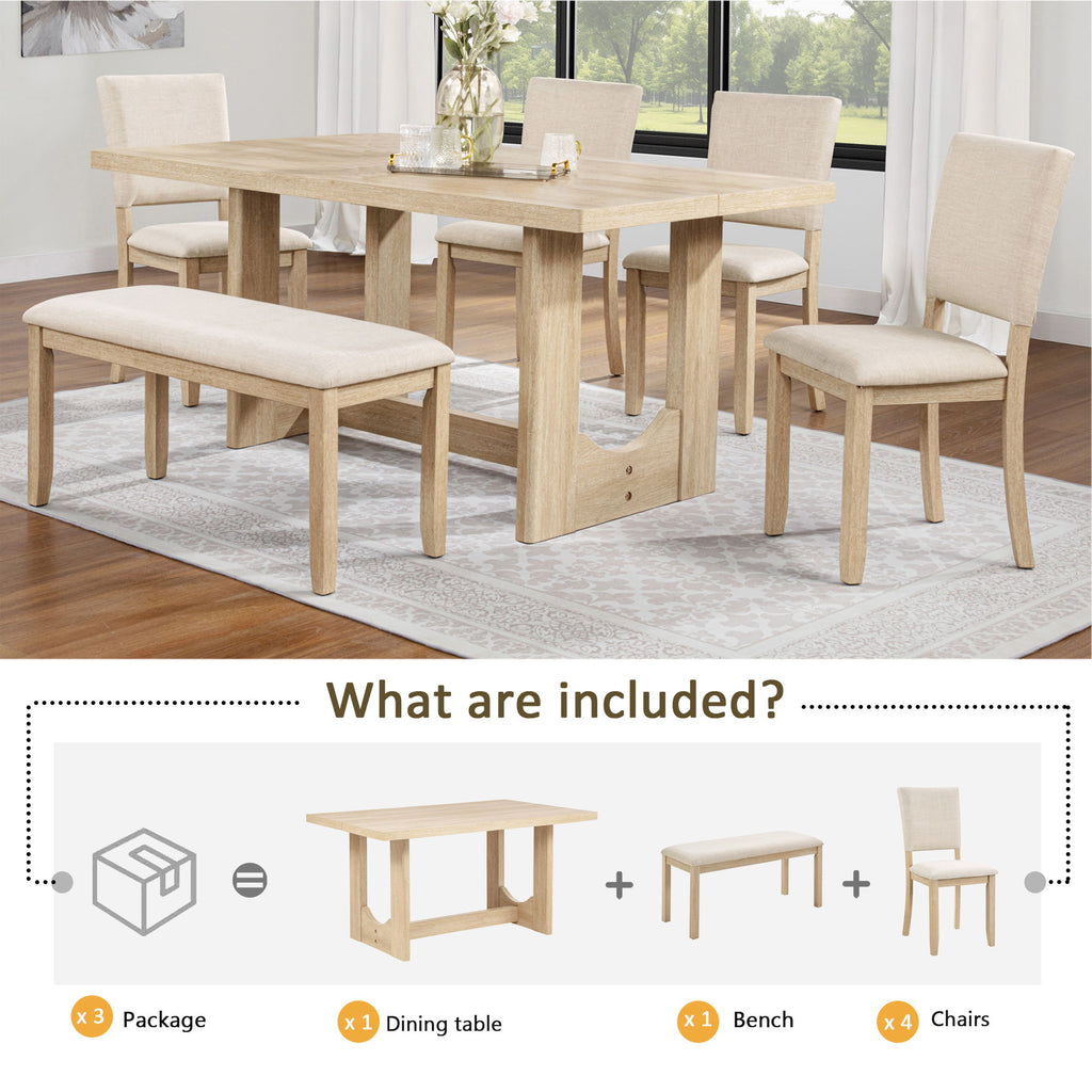 6 Piece Rectangular Kitchen Table Set With Bench And 4 Upholstered Chairs For Kitchen - Light Oak