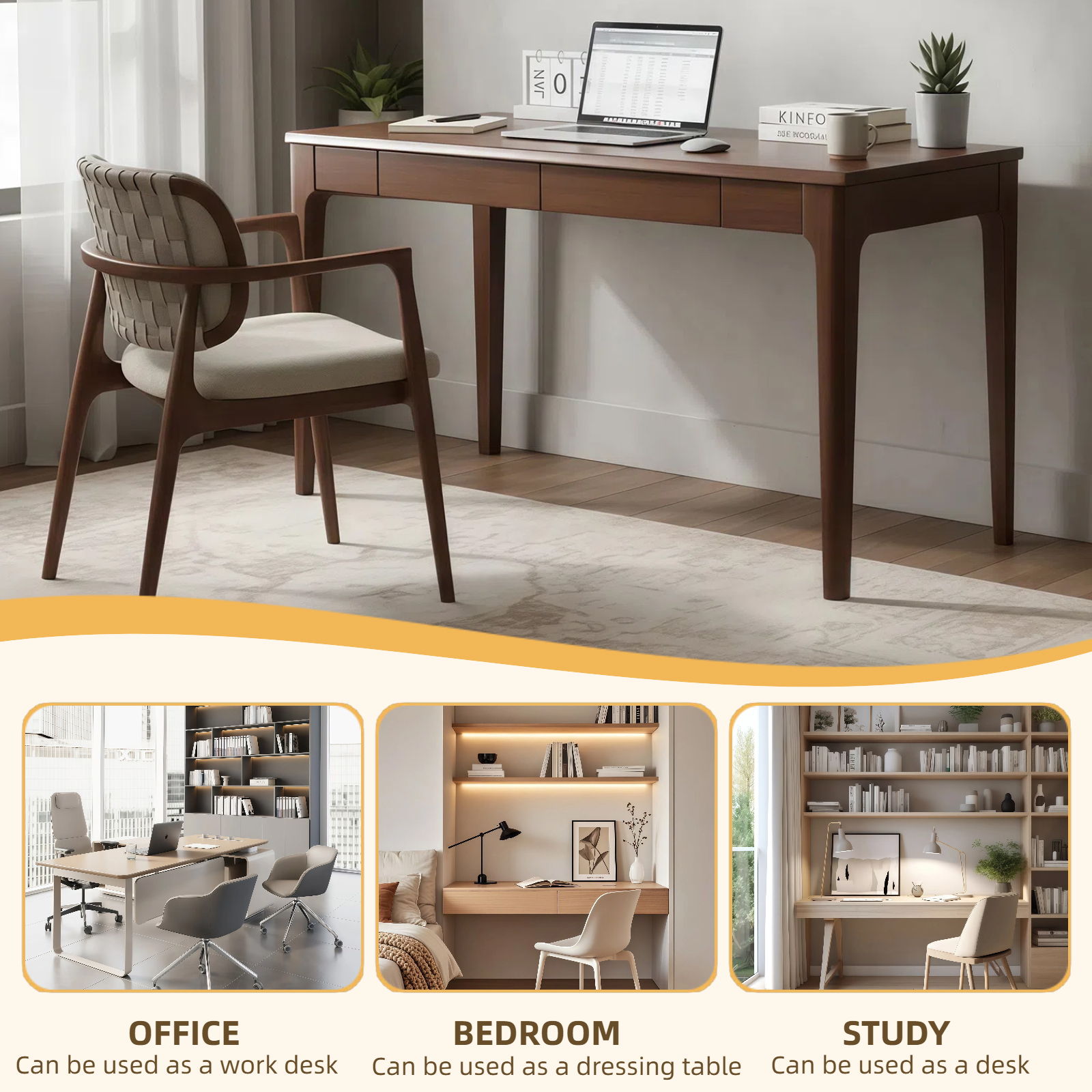 Desk With Drawers, Smooth Edge Design - Walnut