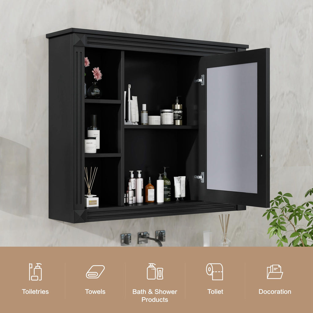 Wall-Mounted Bathroom Storage Cabinet With Mirror, 6 Open Shelves - Black