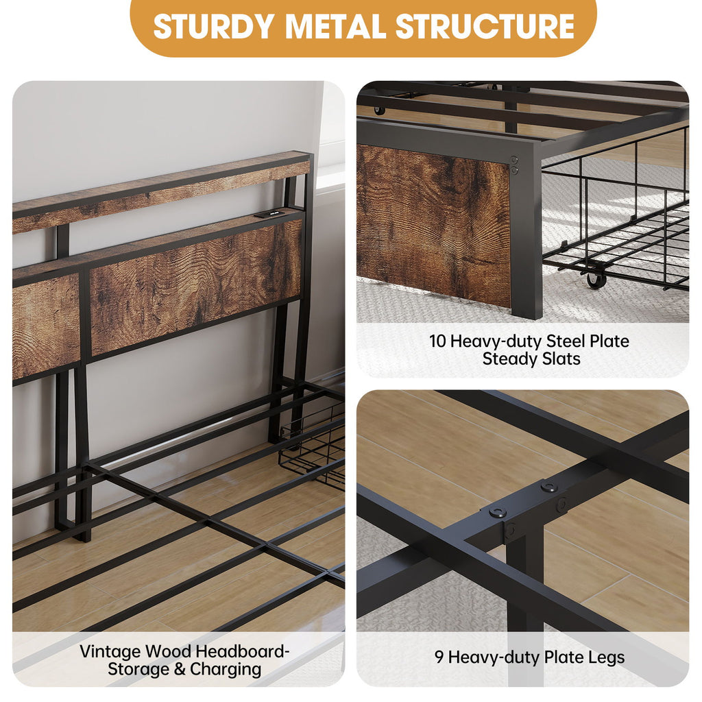 Bed Frame With Headboard, LED Lights & Charging Station