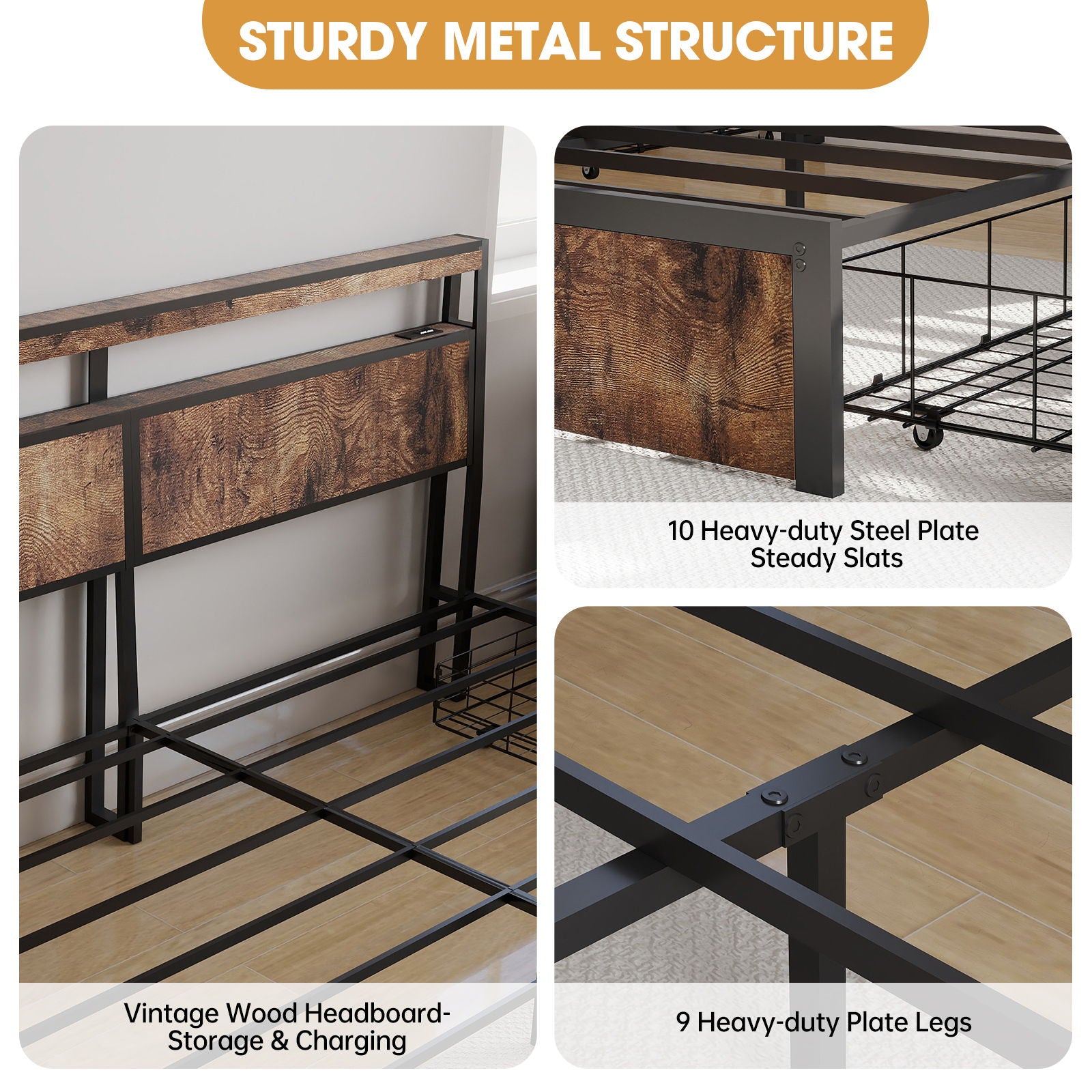 Bed Frame With Headboard, LED Lights & Charging Station