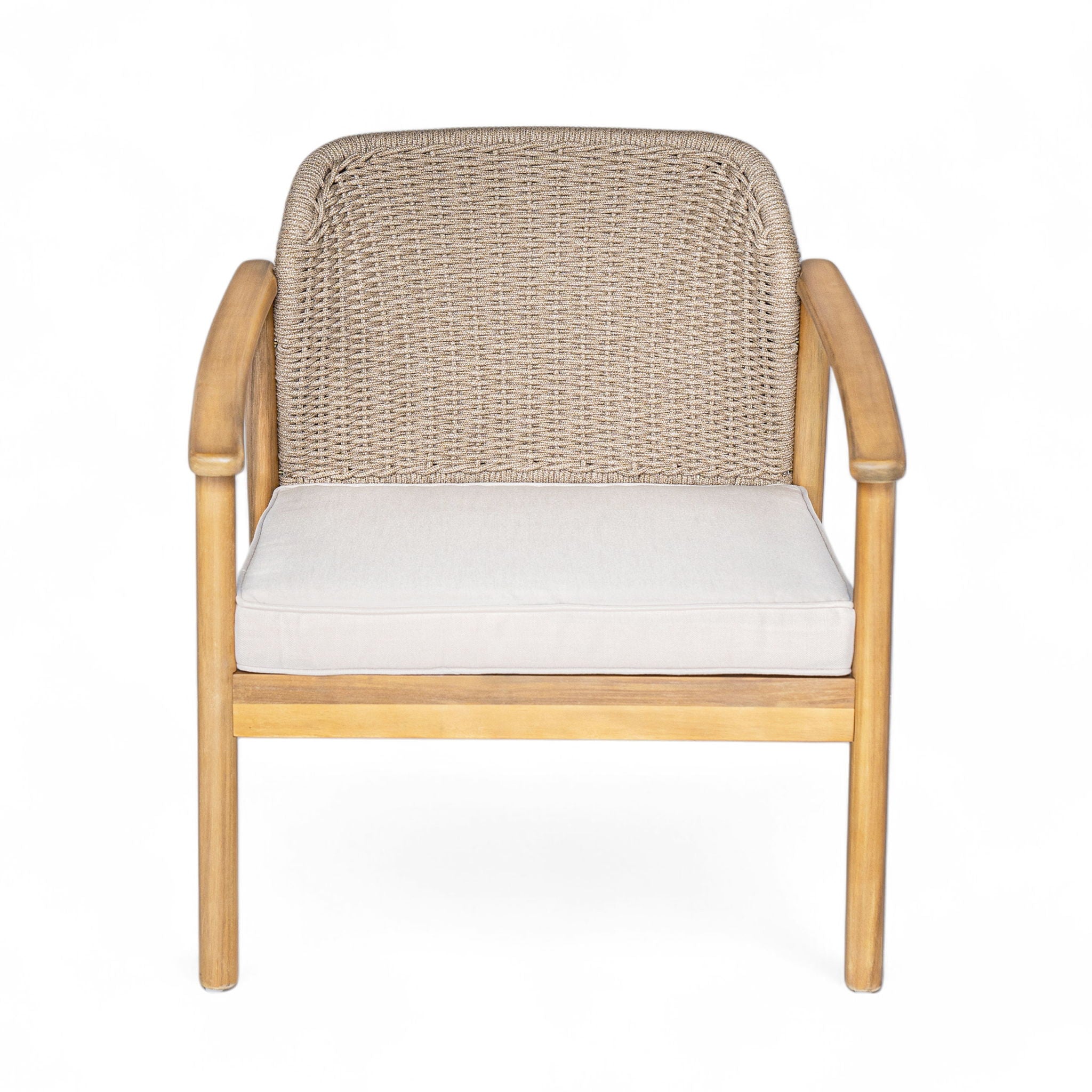 2 Piece Outdoor Acacia Wood Patio Club Chair, Patio Furniture Arm Chair With Woven Rope Backrest, Deep Seating For Porch - Light Teak / Beige