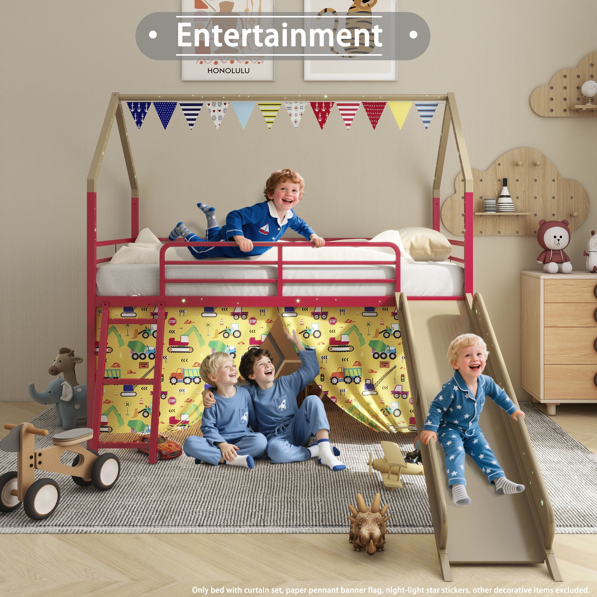 Jack - House Loft Bed With Slide And Curtain Set