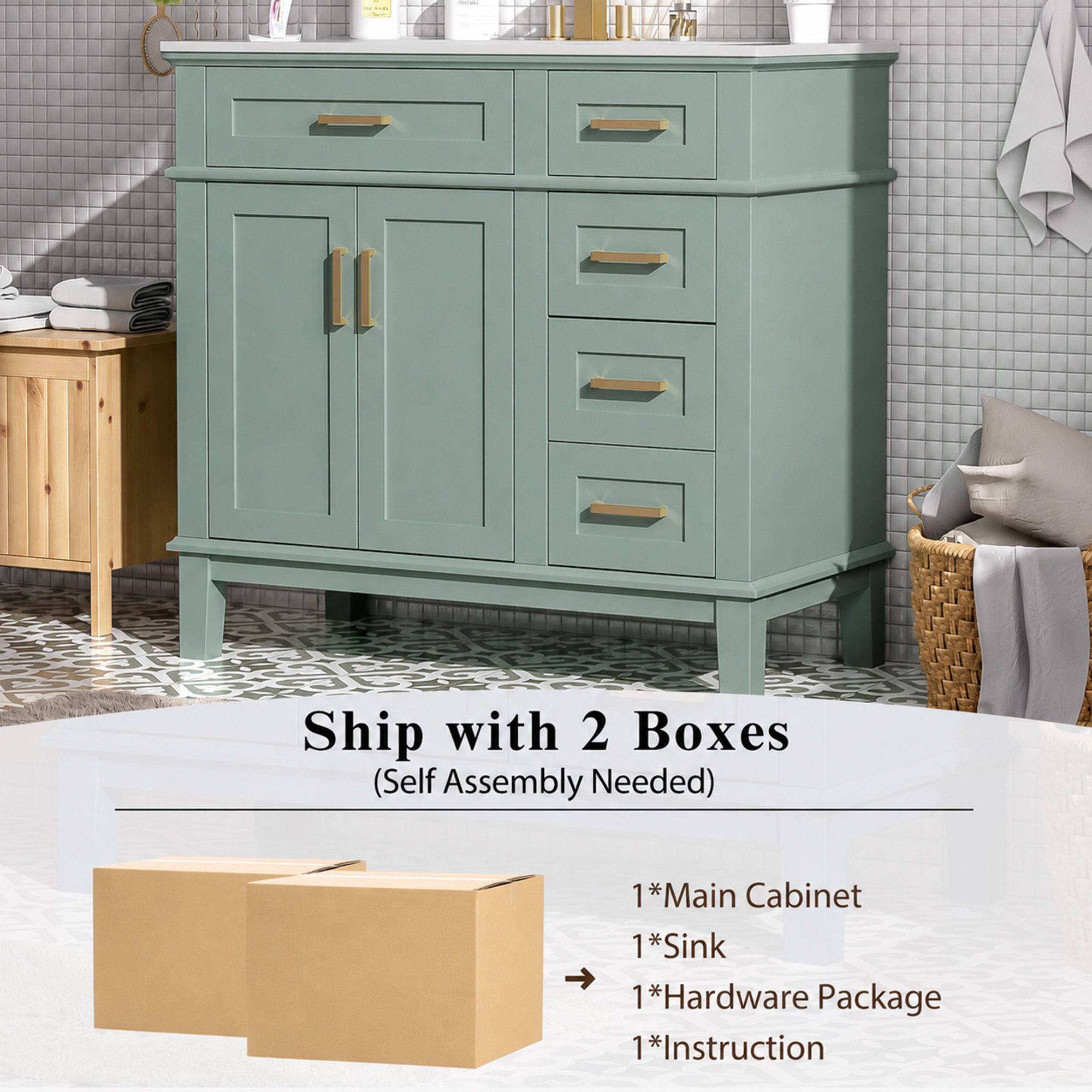 Modern Bathroom Vanity With Sink, Soft Close Doors, 4 Storage Drawers