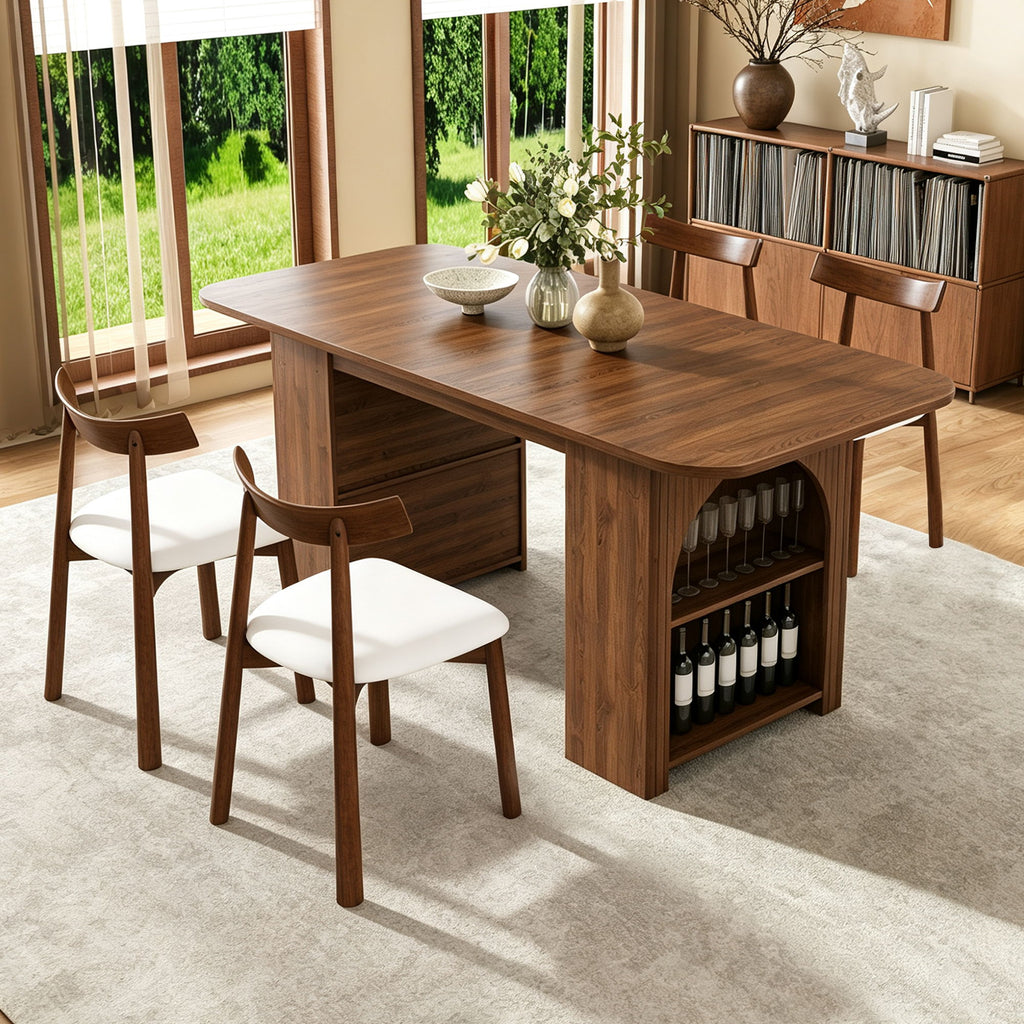 Dining Set With 4 Chairs, Table With Drawers & Open Shelf - Walnut