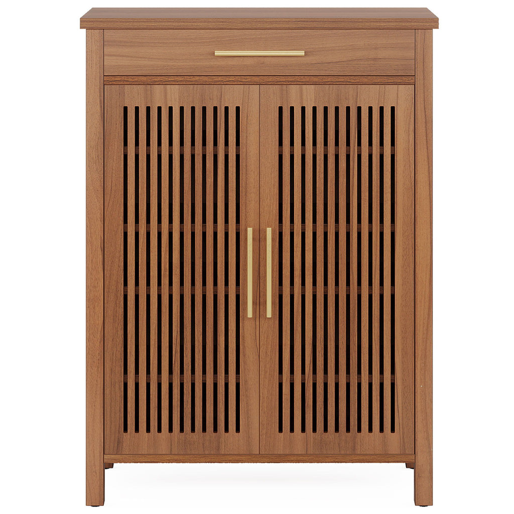 5 Tier Shoe Cabinet With Louvered Doors And Drawer, Freestanding Organizer With Adjustable Shelves For Entryway - Brown