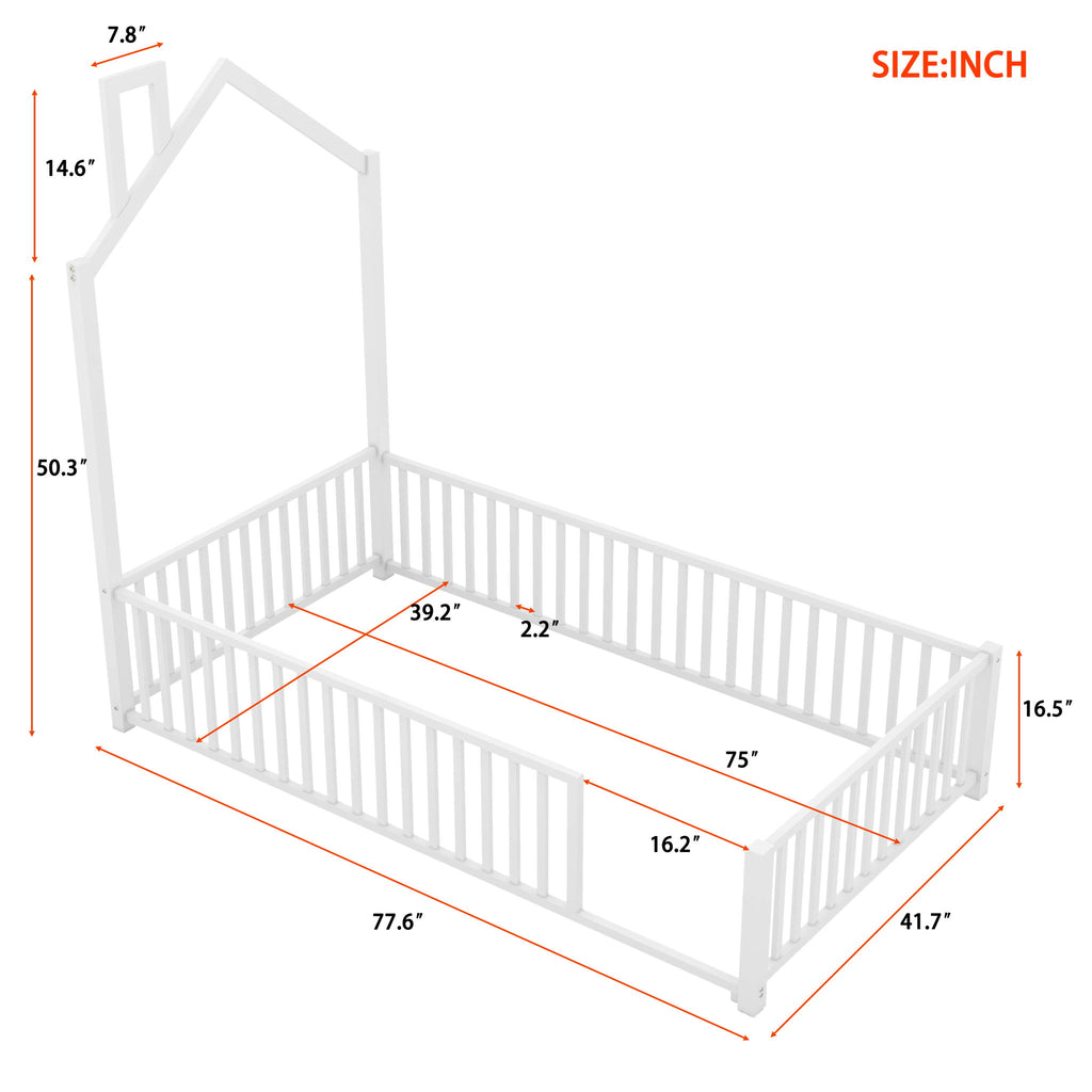 Metal House Platform Bed With Guardrail And Chimney