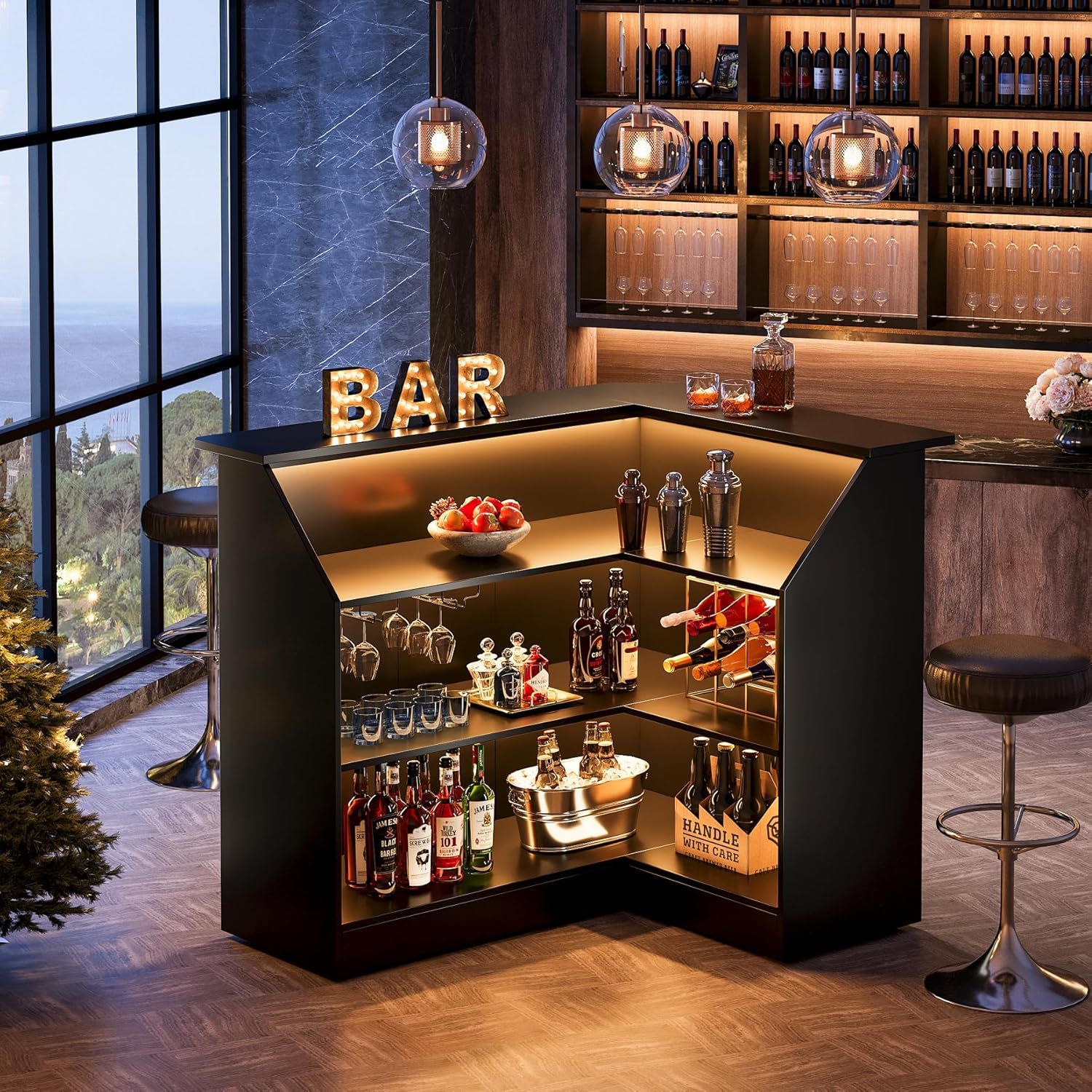 L-Shaped Home Bar Cabinet With Stemware Racks, 4 Tier Corner Unit, Liquor Wine Bar Table & Reception Desk For Home Pub - Black