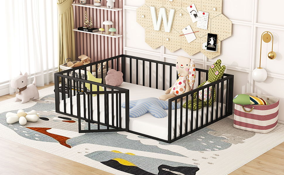 Metal Floor Bed Frame With Fence And Door