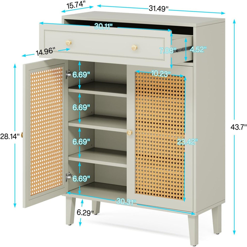 Shoe Cabinet With Rattan Doors And Drawer, 4 Tier Storage Organizer - Mint Green