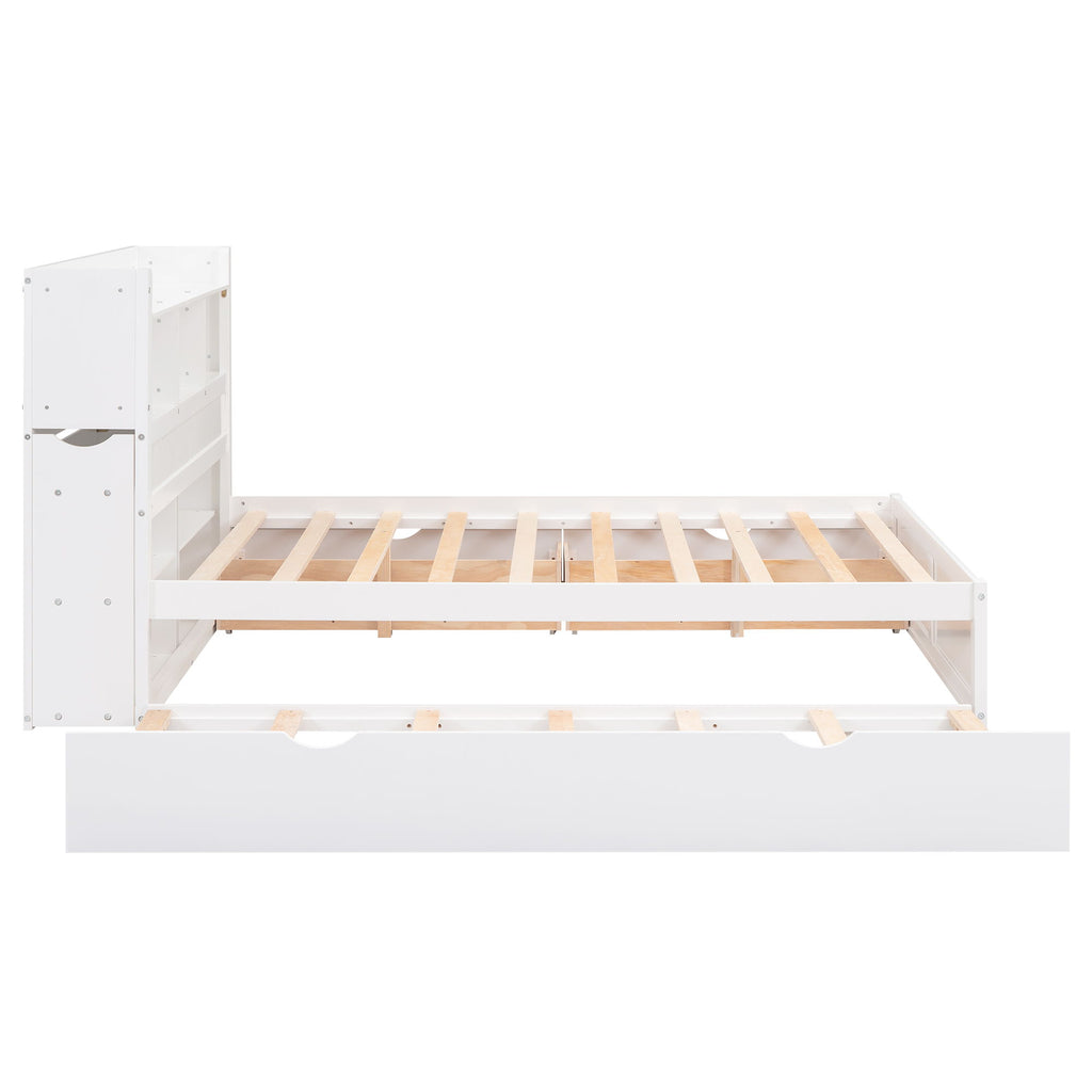 Storage Platform Bed With Pull Out Shelves, Trundle, And 2 Drawers