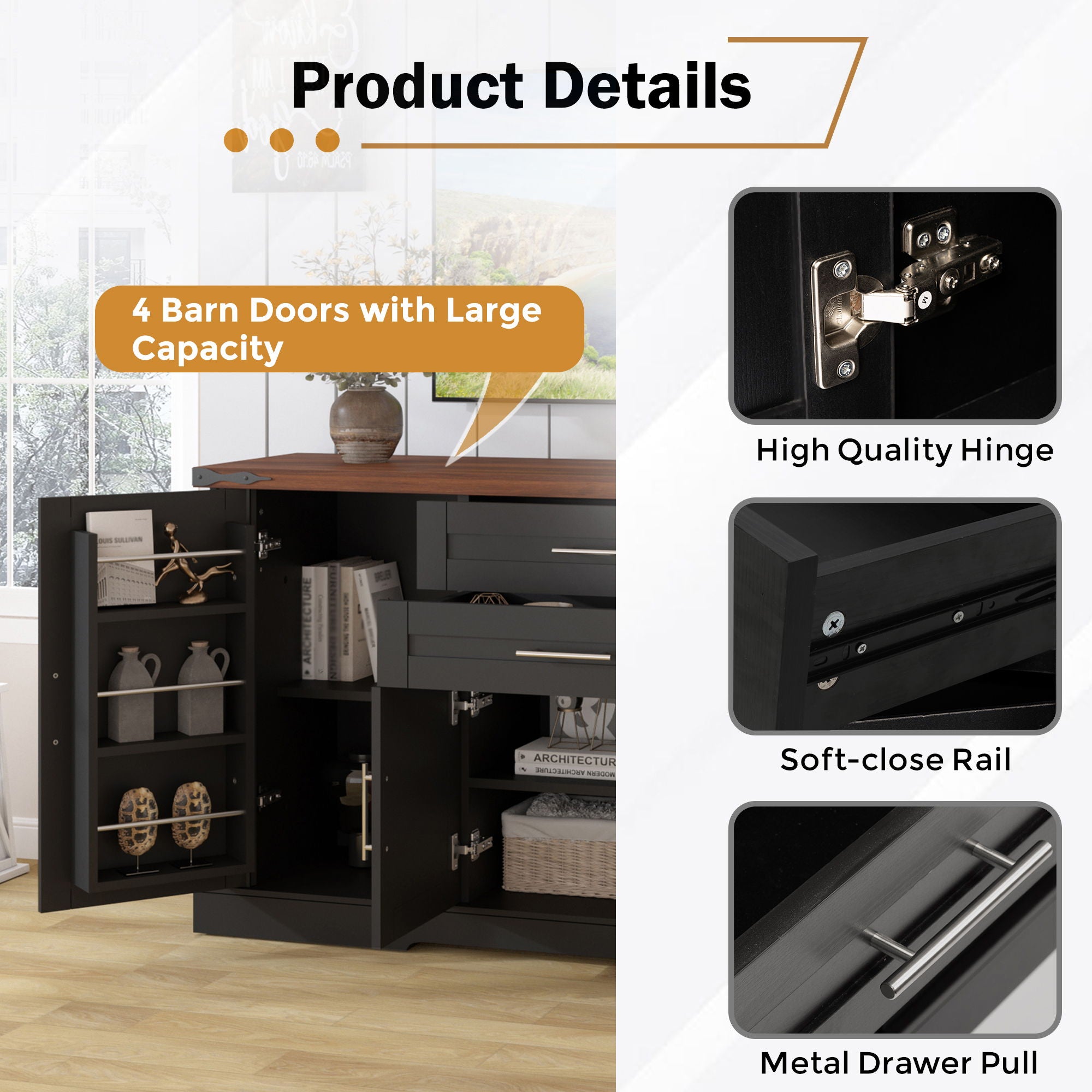 Barn Door Storage Cabinet With 2 Drawers & Door Rack, Adjustable Shelves
