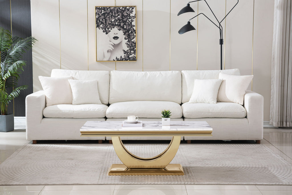 Printed Marble Top Coffee Table, Mirror Finish Stainless Steel Base