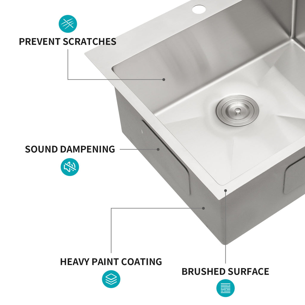 Drop In Kitchen Sink, 16 Gauge Stainless Steel, Single Bowl, Topmount Basin