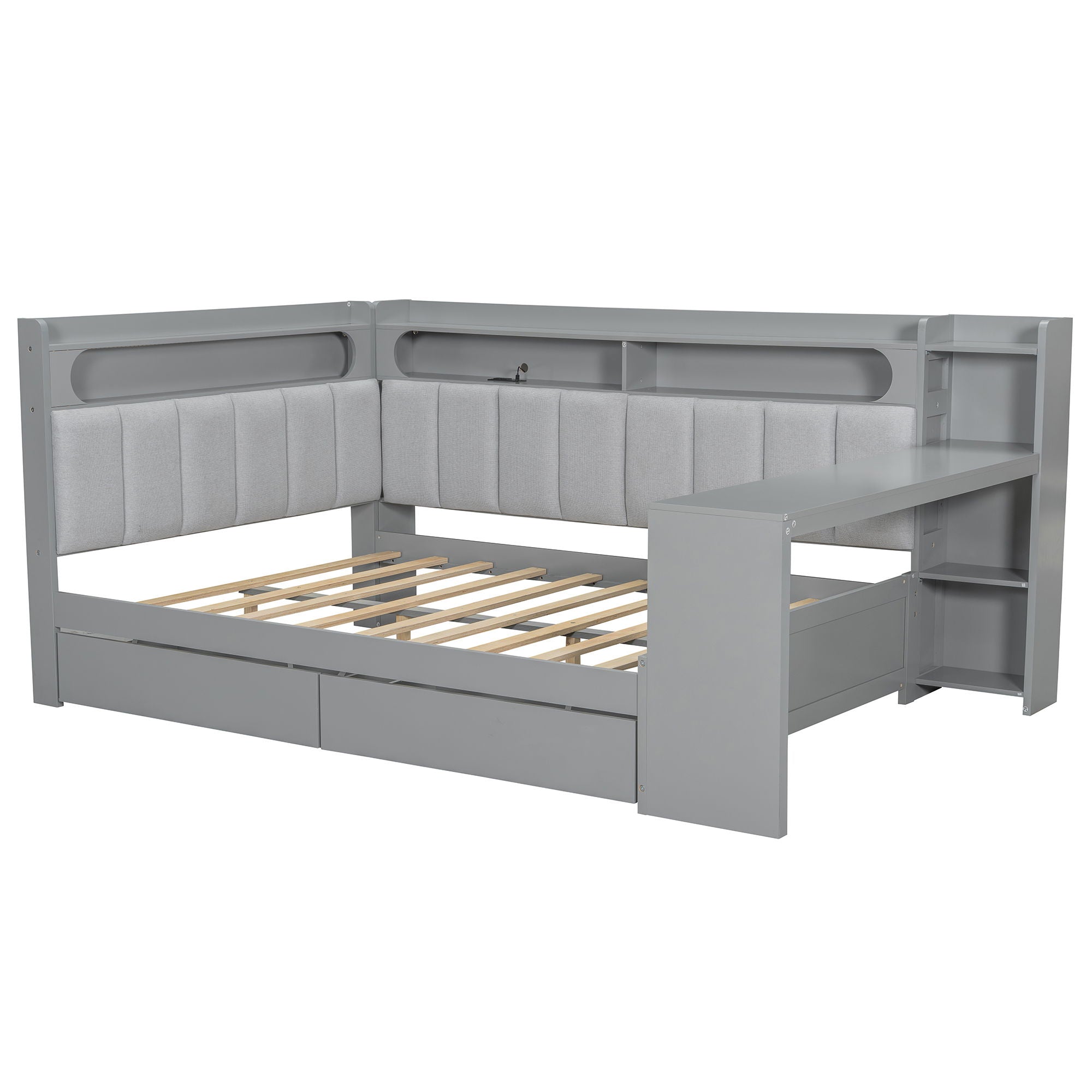 Daybed With Upholstered Headboard, Storage Shelves, Drawers, Charging Station, LED Light, And Adjustable Desk