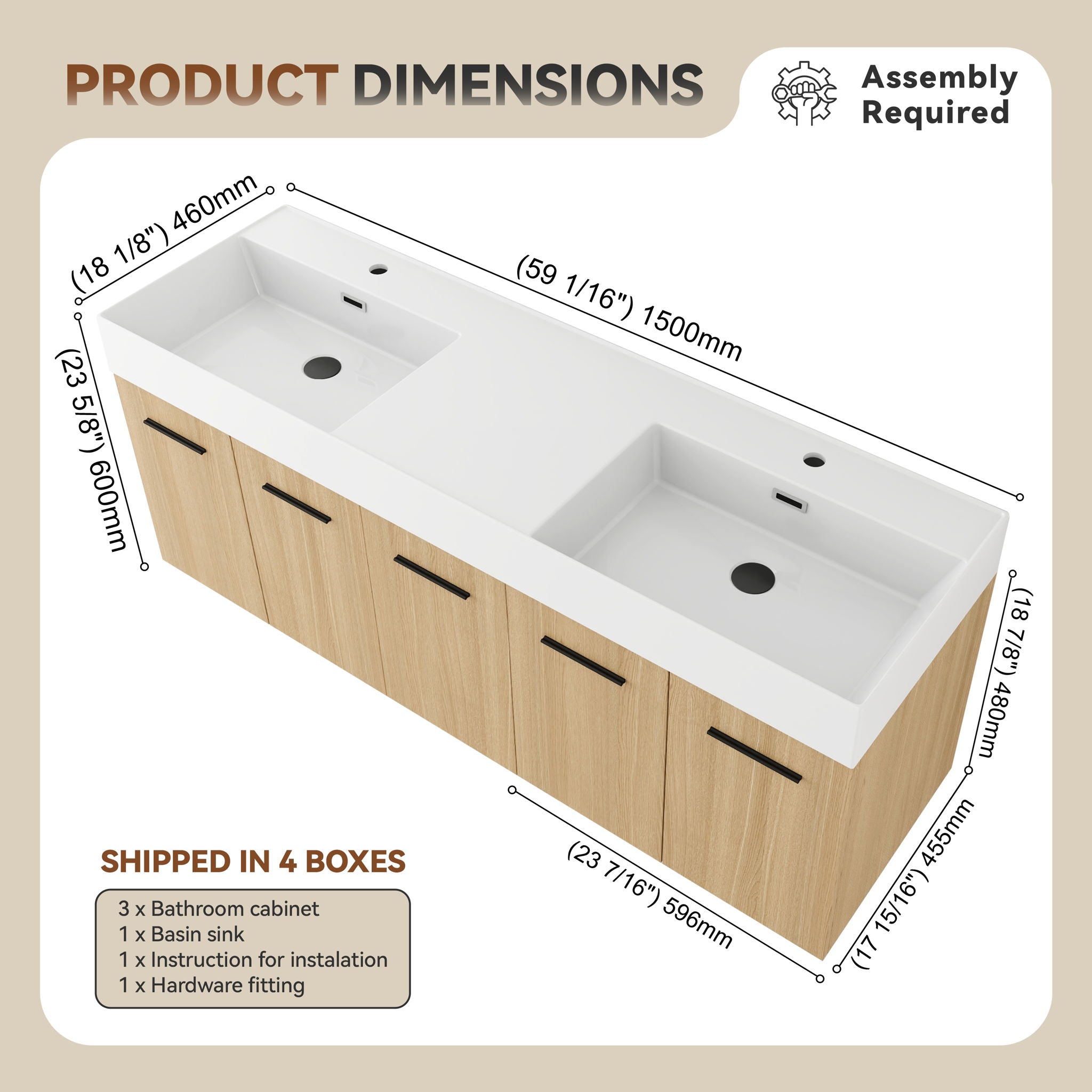 Floating Double Sink Bathroom Vanity With Extra Large Storage, Integrated Sink, Soft Close Doors, Wall Mounted Bath Vanity - Glossy White / Light Oak