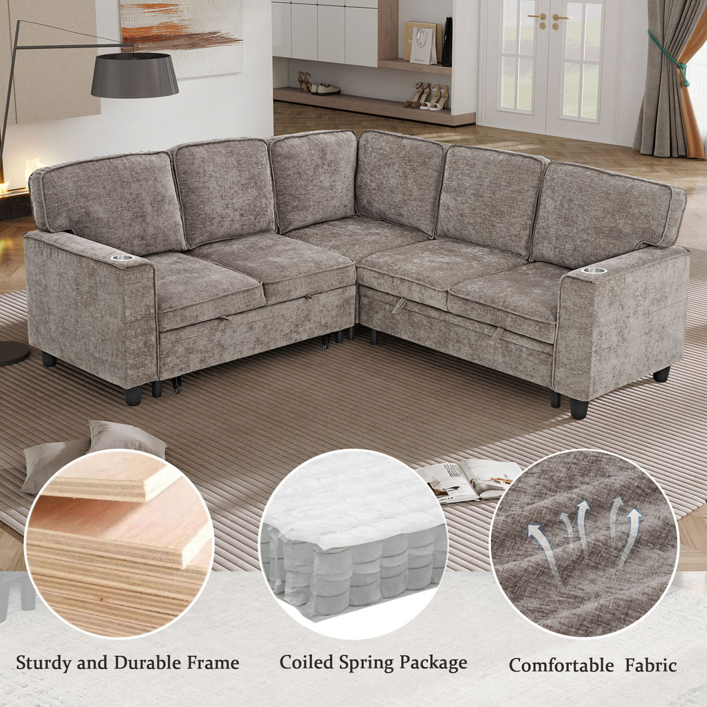 L-Shaped Sofa With Pull Out Sofa Bed With USB