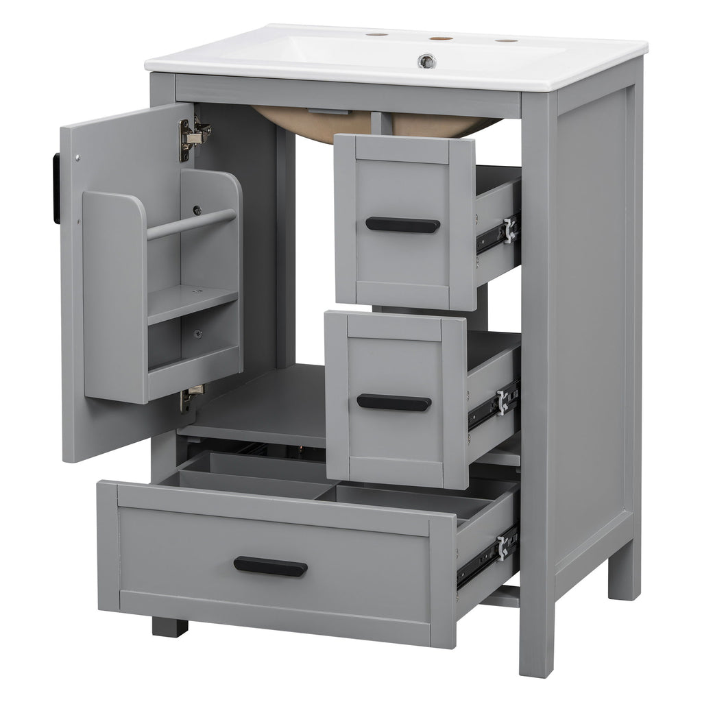 Bathroom Vanity With Sink, Soft Close Door, Double Layer Door Shelf And 3 Drawers - Gray