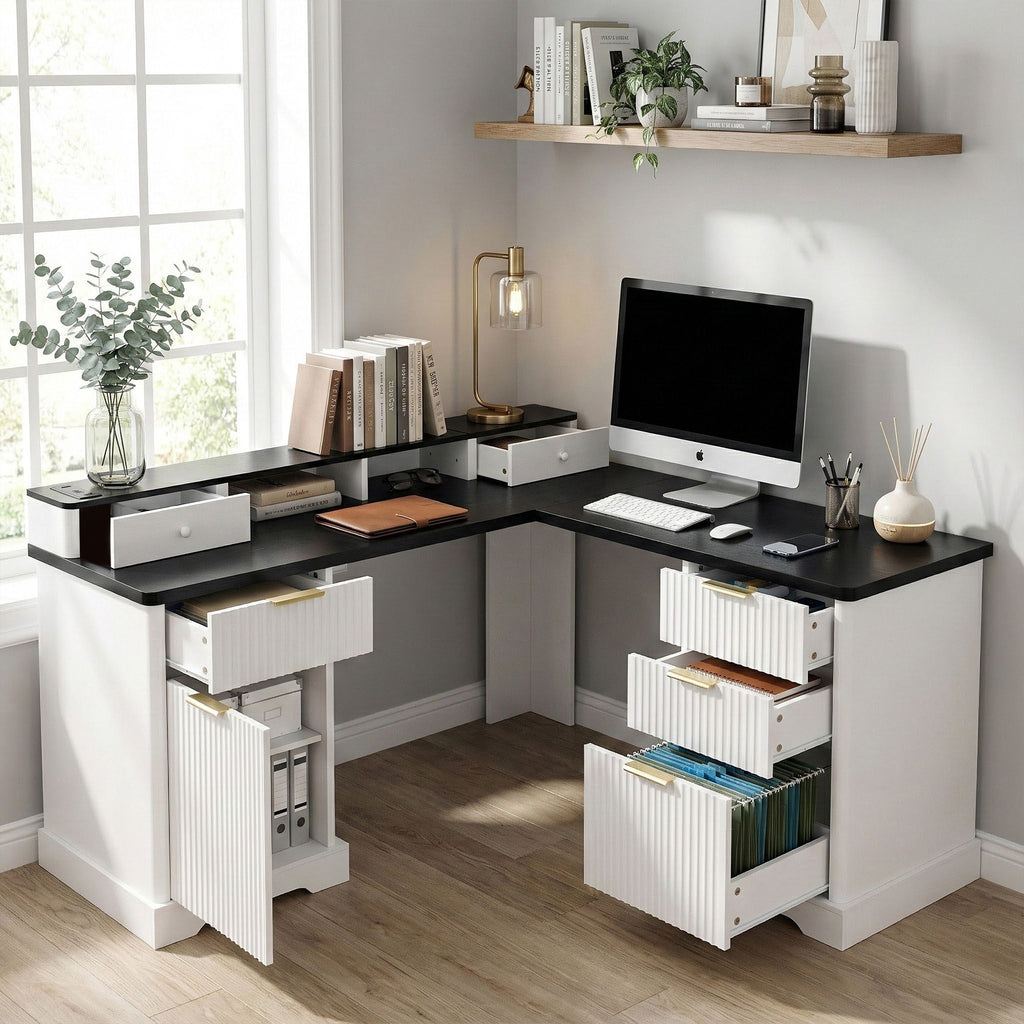 Fluted L-Shaped Desk With Charging Station & Storage Cabinet