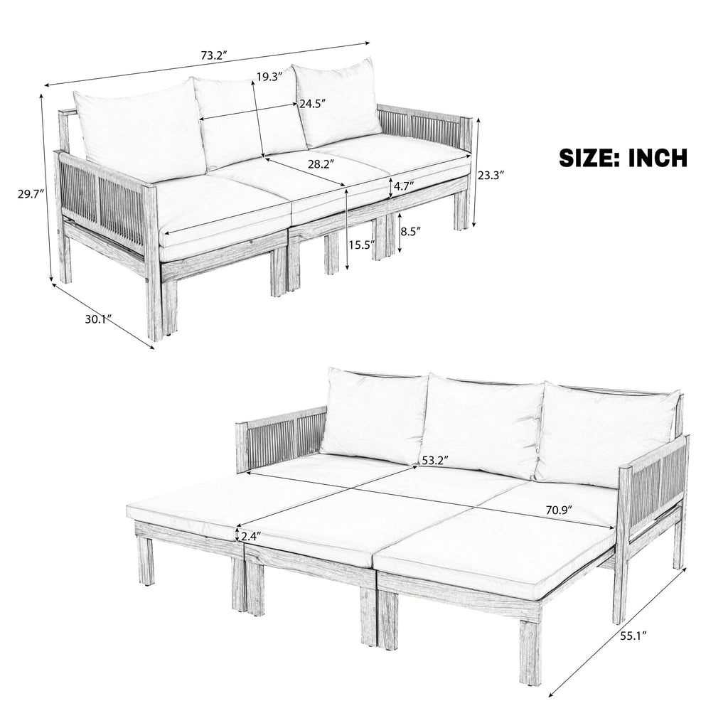 Outdoor Daybed, Patio Sofa Bed, 3 Seat Convertible Sunbed