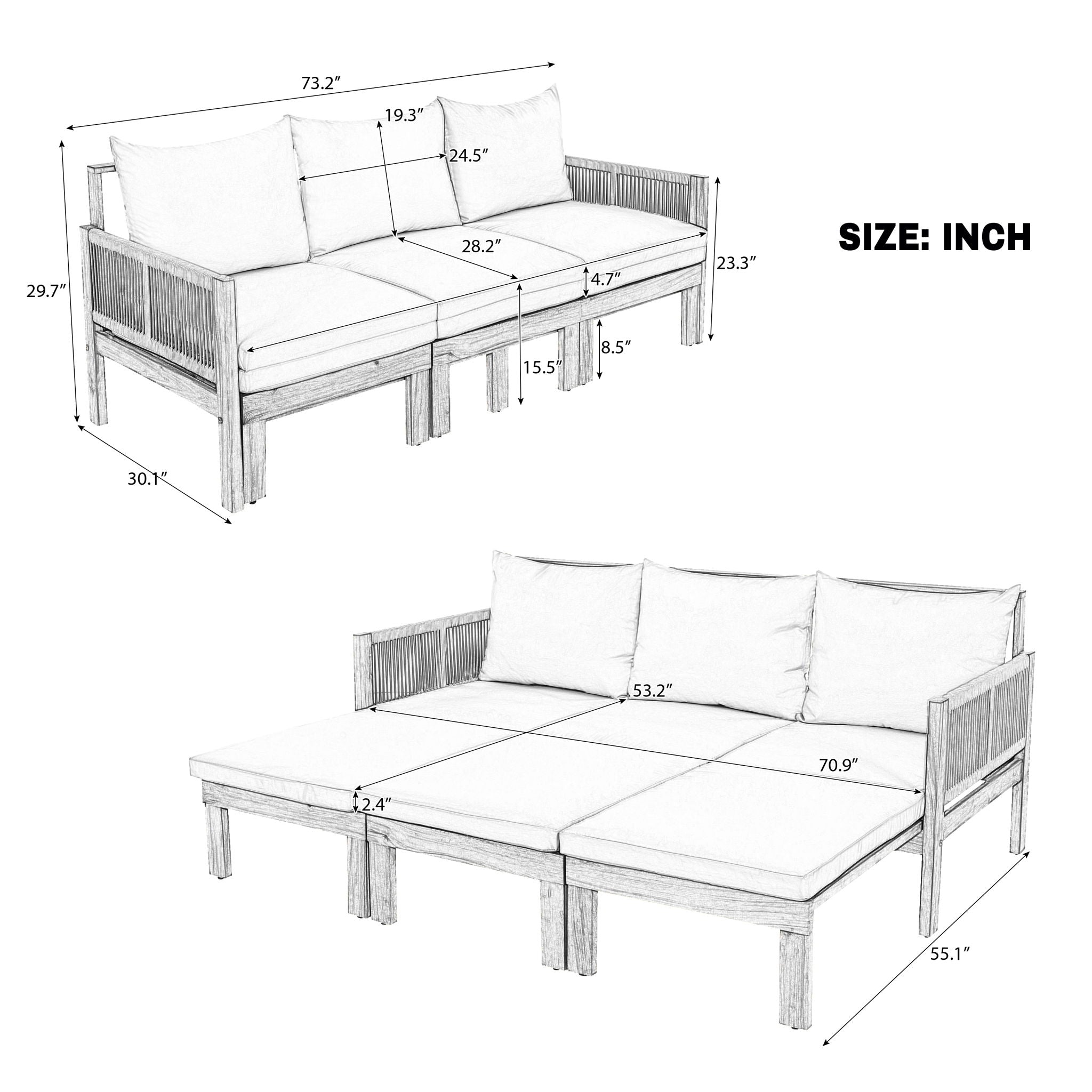 Outdoor Daybed, Patio Sofa Bed, 3 Seat Convertible Sunbed