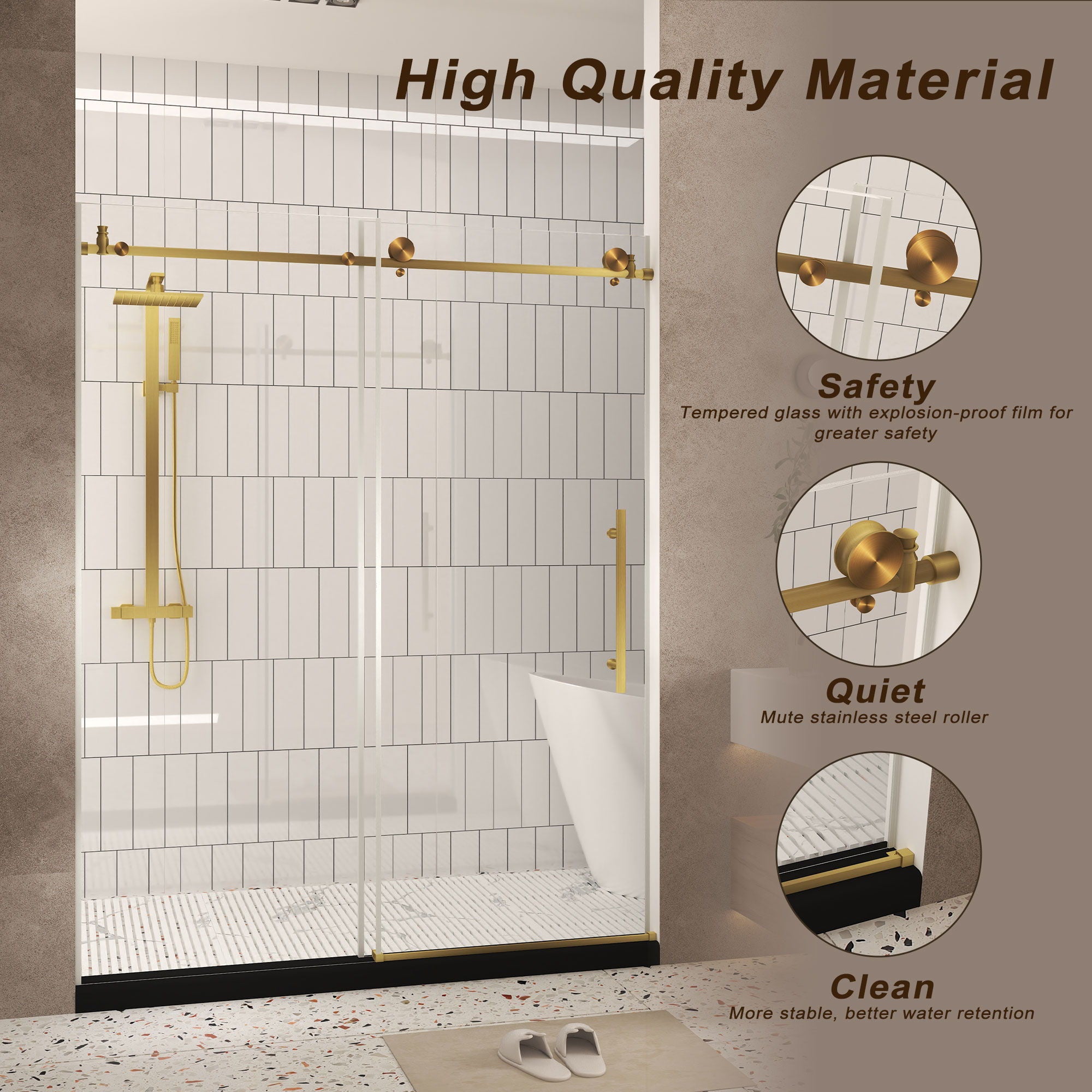 Frameless Shower Door, Smooth Sliding Tracks