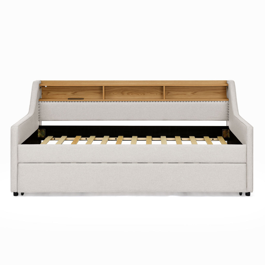 Upholstered Sofa Bed With LED Lights, Storage Headboard, Foldable Trundle & Wireless Charging