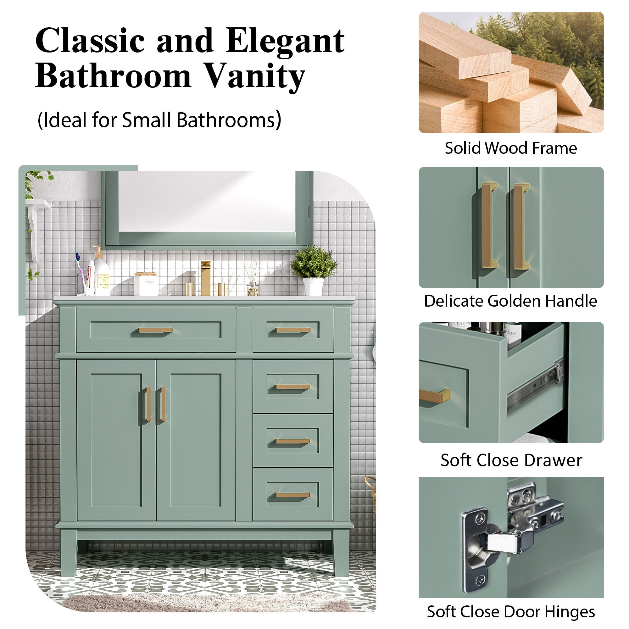 Modern Bathroom Vanity With Sink, Soft Close Doors, 4 Storage Drawers