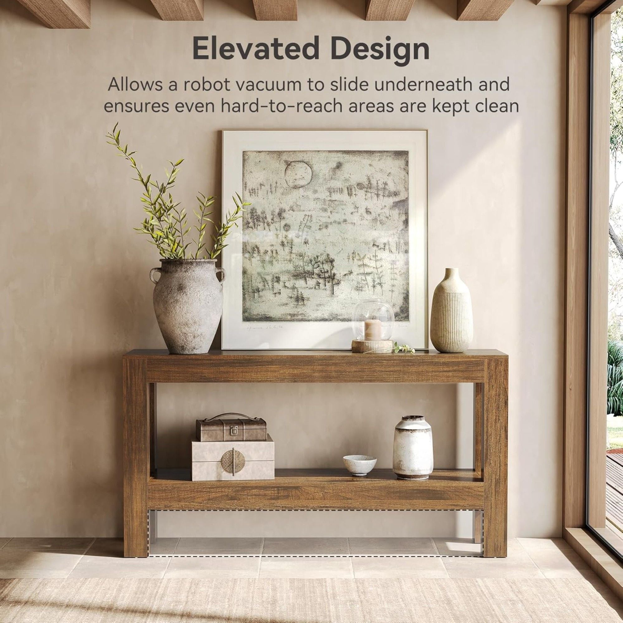2 Tier Narrow Console Table With Storage For Entryway - Brown