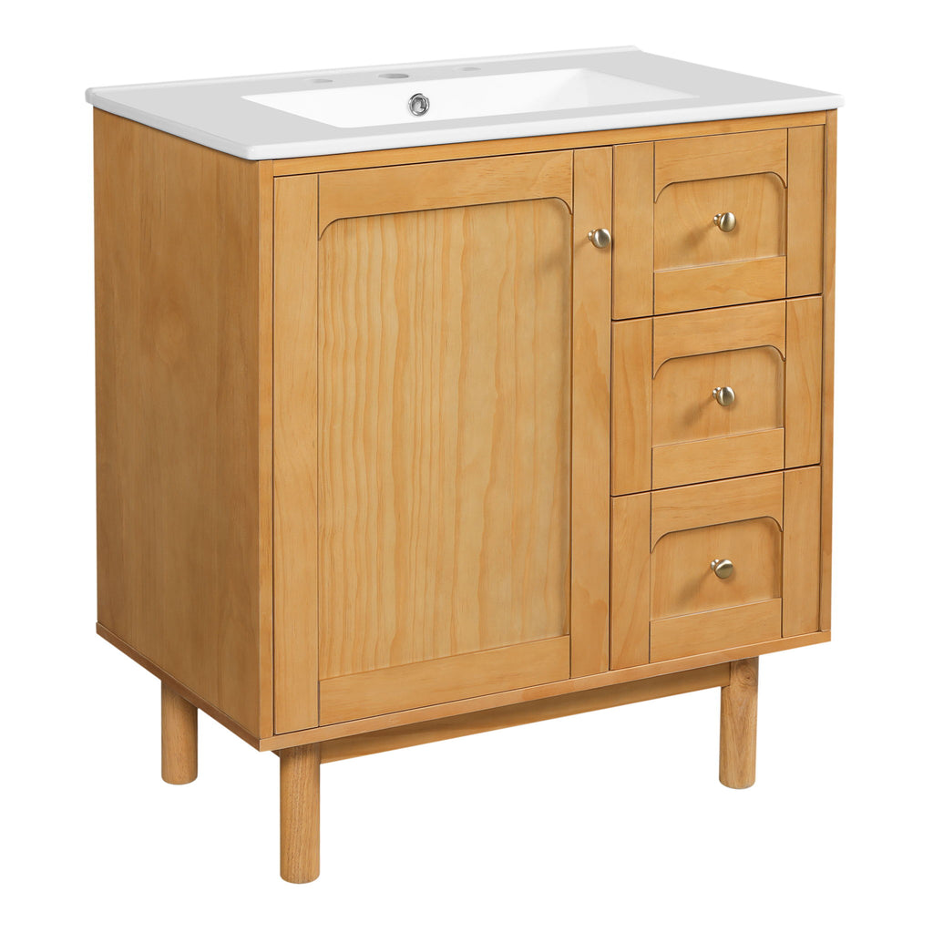 Bathroom Vanity With Sink, 3 Drawers, Soft Close Door - Natural Wood