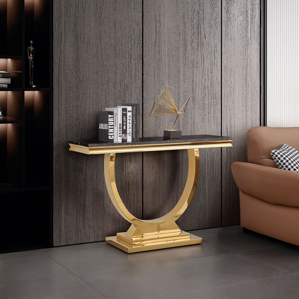 Modern Rectangular Marble Printing Console Table, U Shape Stainless Steel Base - Black