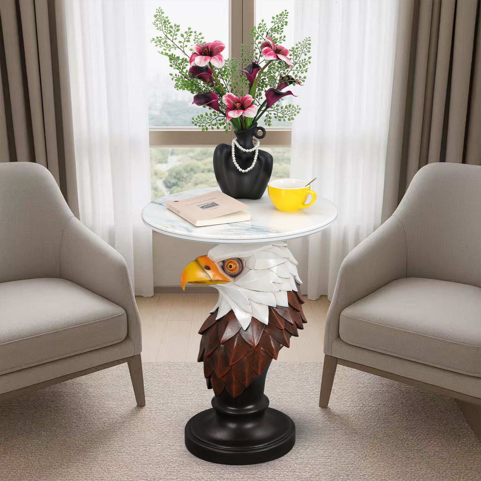 Eagle Head Accent Table, Animal Statue End Tables For Living Room - Brown / Antique White