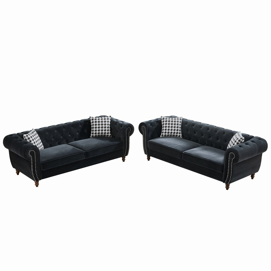 Chesterfield Upholstery Fabric Sofa With Roll Armrest & Nailhead, Mid Century Modern 3 And 3 Seater Couch