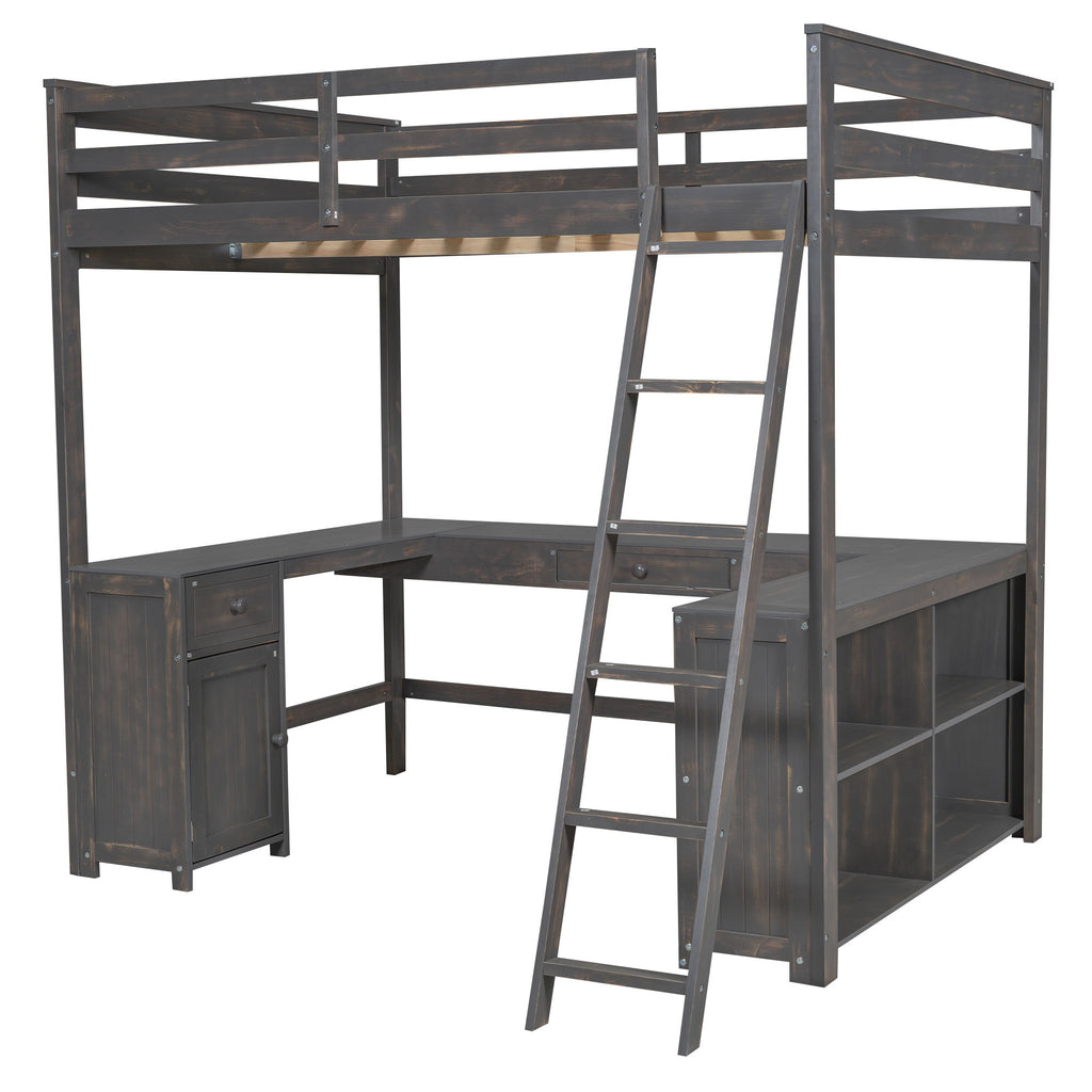 Loft Bed With U Shaped Desk, Drawers, And Storage Shelves