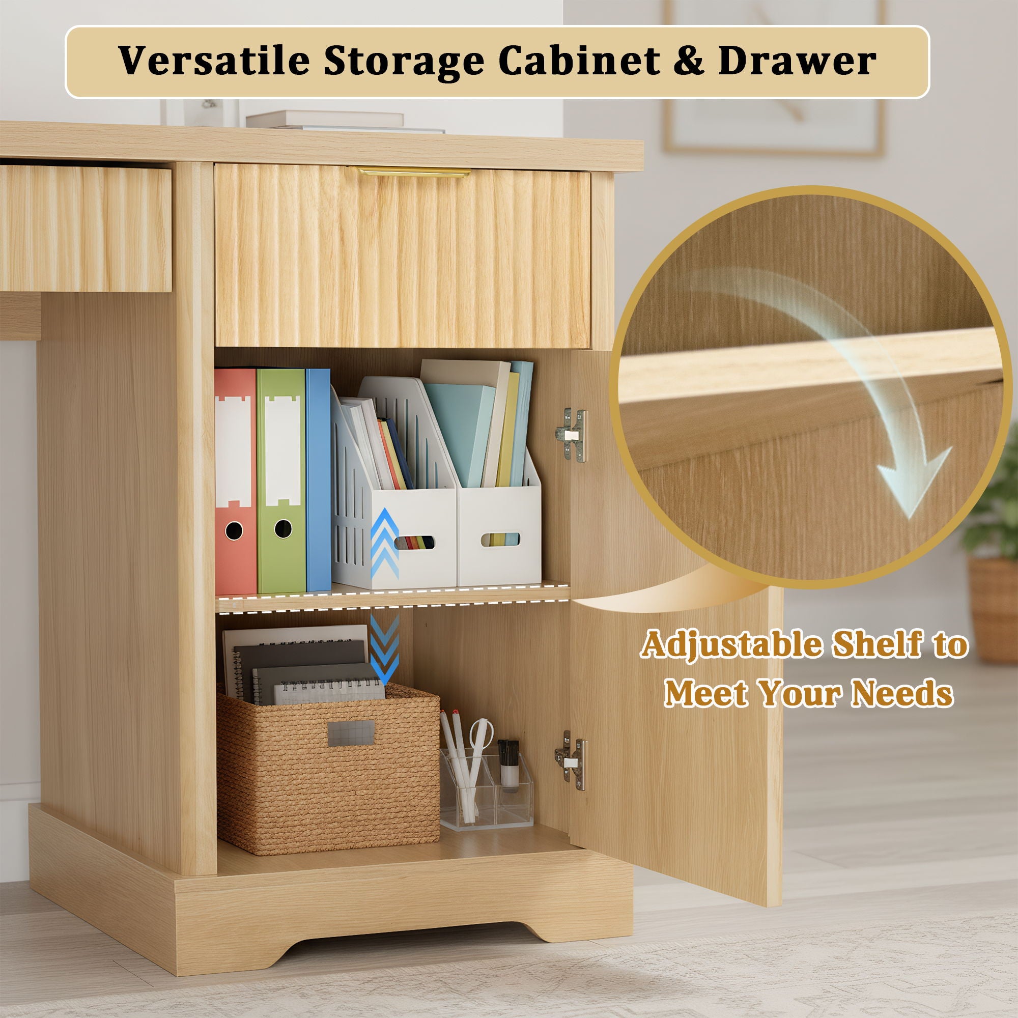 Modern Fluted Office Desk With Storage Cabinet