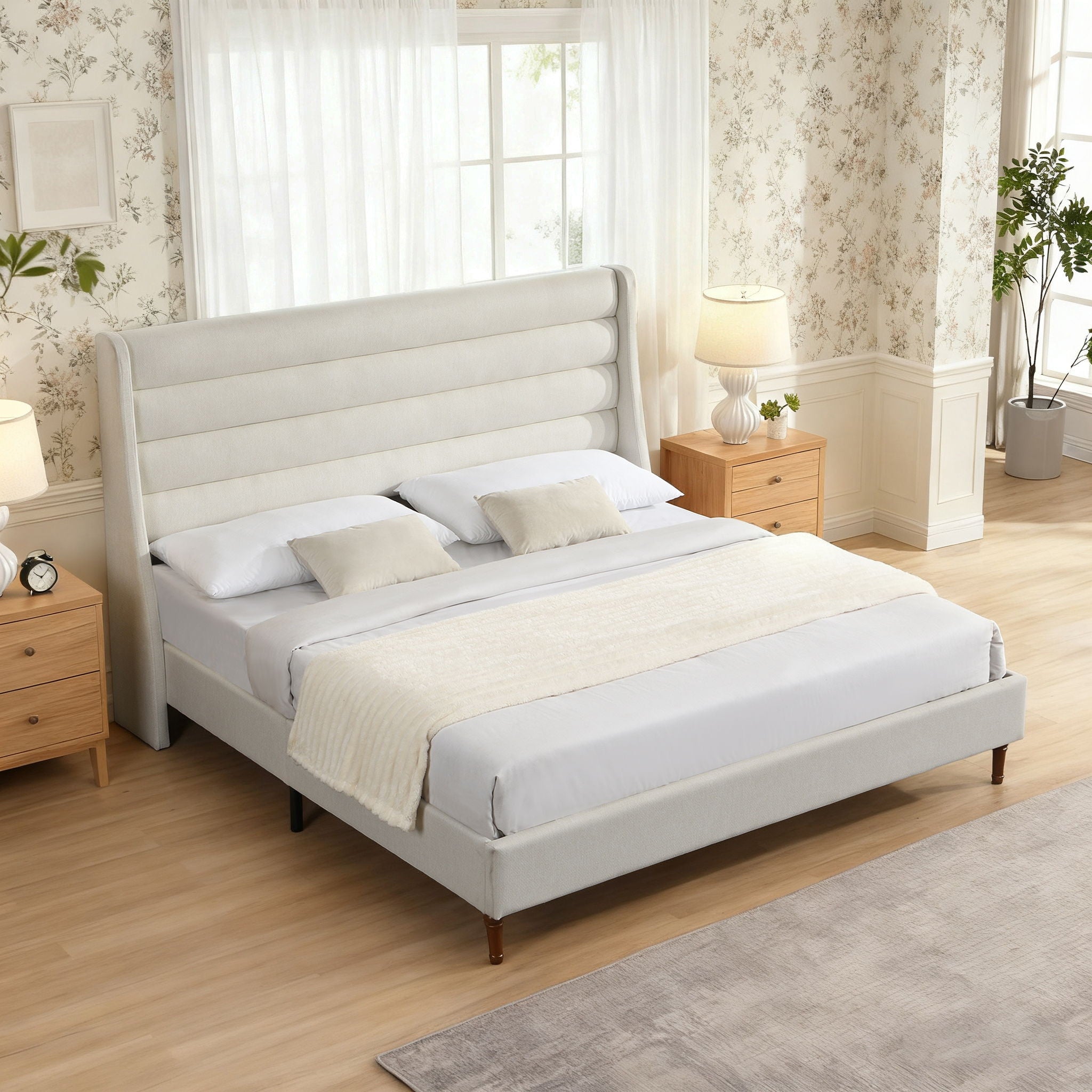 Modern Upholstered Platform Bed With Wave Shaped Headboard
