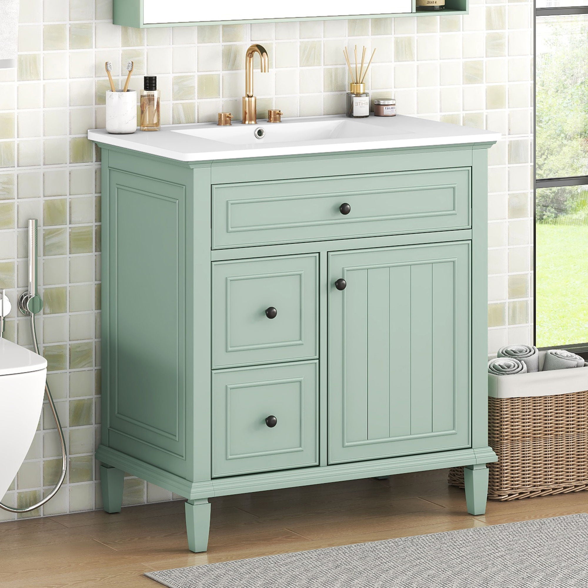 Modern Bathroom Vanity With Sink, Adjustable Shelf, Flip Drawer & 2 Drawers