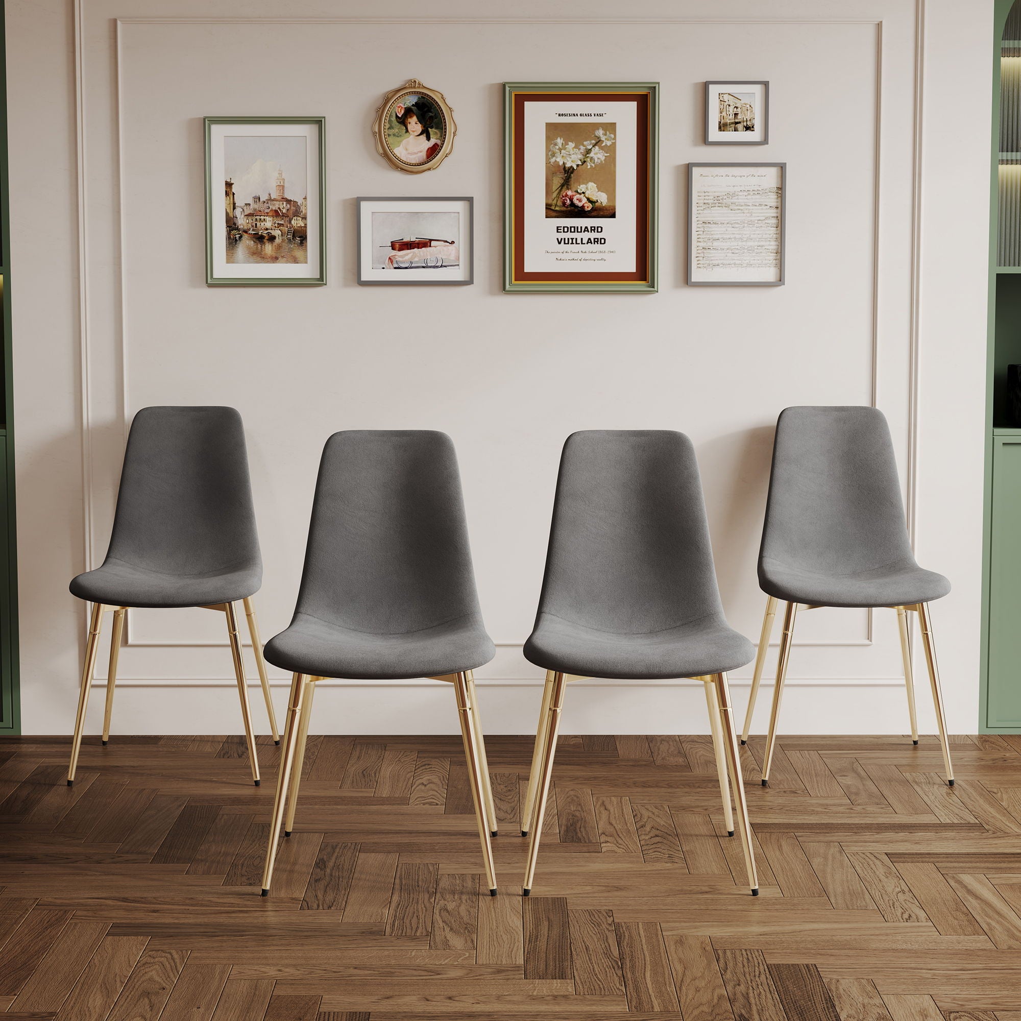 Fabric Dining Chairs, Upholstered Armless Accent Chairs, Classical Appearance And Metal Legs (Set of 4)